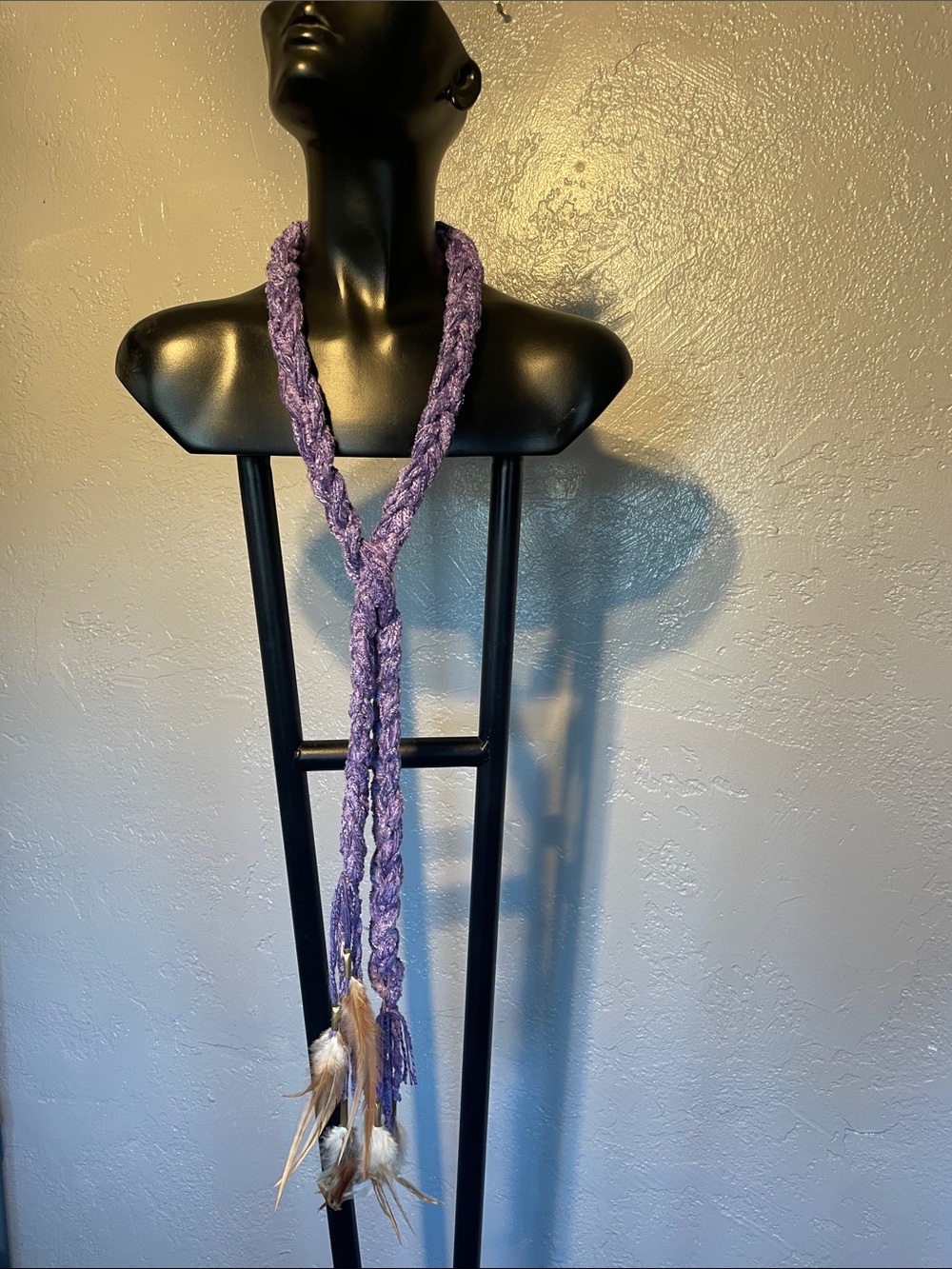 Handwoven Purple Boho Braided Necklace with Feather Tassels, woven 2wear